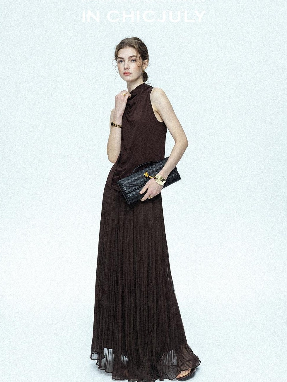 chicjuly Draped Ribbon Sleeveless Women's Acetate Mesh Top & Skirt Sets