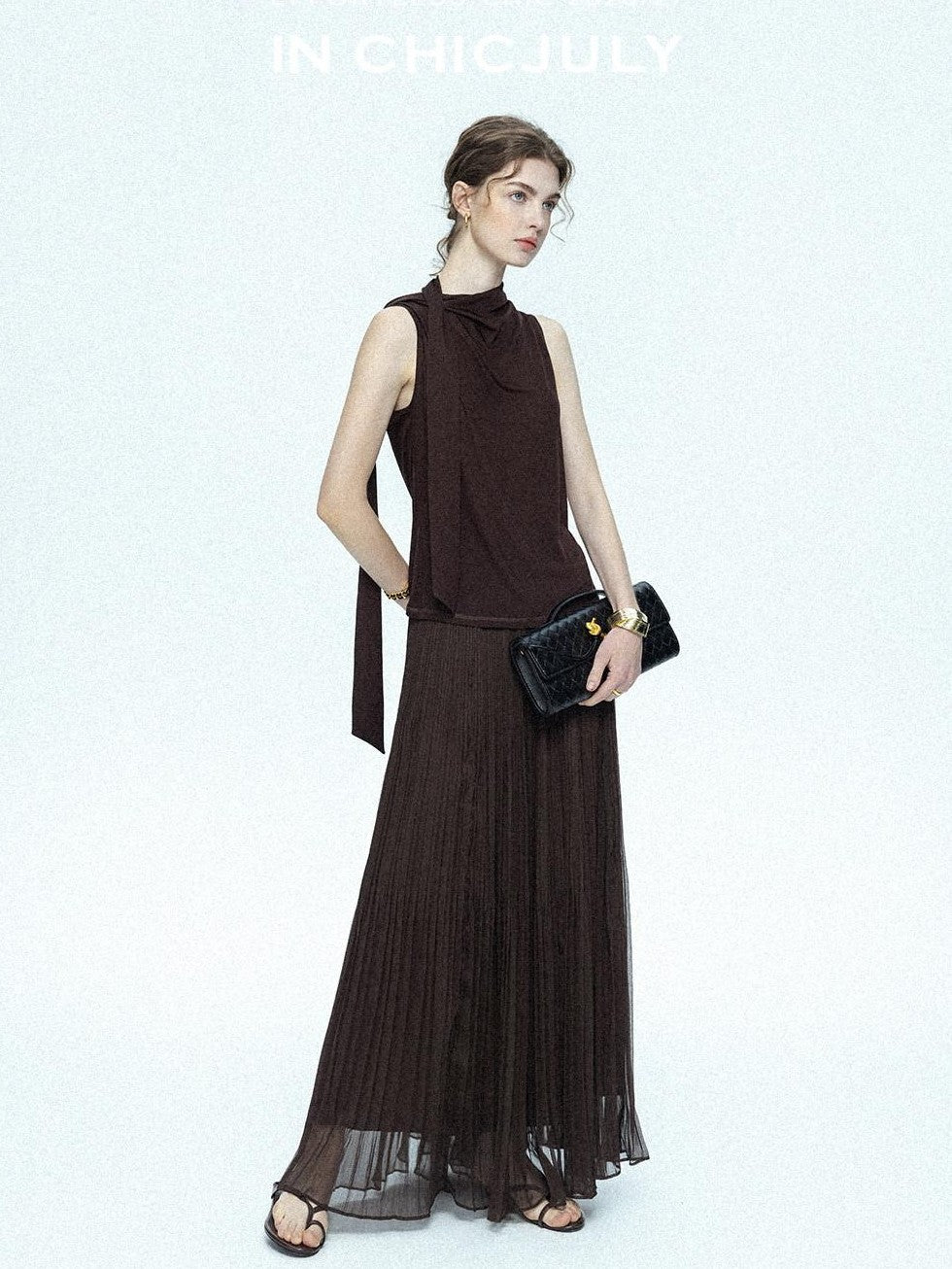 chicjuly Draped Ribbon Sleeveless Women's Acetate Mesh Top & Skirt Sets