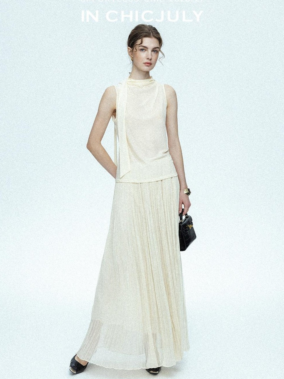 chicjuly Draped Ribbon Sleeveless Women's Acetate Mesh Top & Skirt Sets
