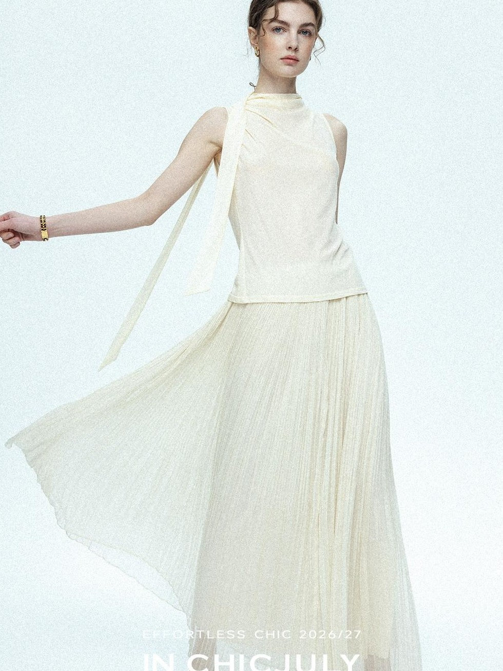 chicjuly Draped Ribbon Sleeveless Women's Acetate Mesh Top & Skirt Sets