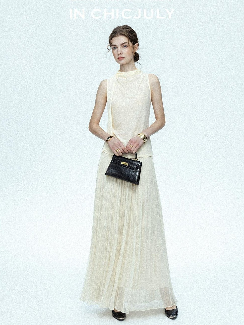 chicjuly Draped Ribbon Sleeveless Women's Acetate Mesh Top & Skirt Sets