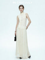chicjuly Draped Ribbon Sleeveless Women's Acetate Mesh Top & Skirt Sets