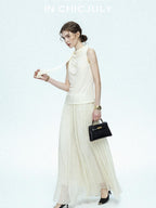 chicjuly Draped Ribbon Sleeveless Women's Acetate Mesh Top & Skirt Sets