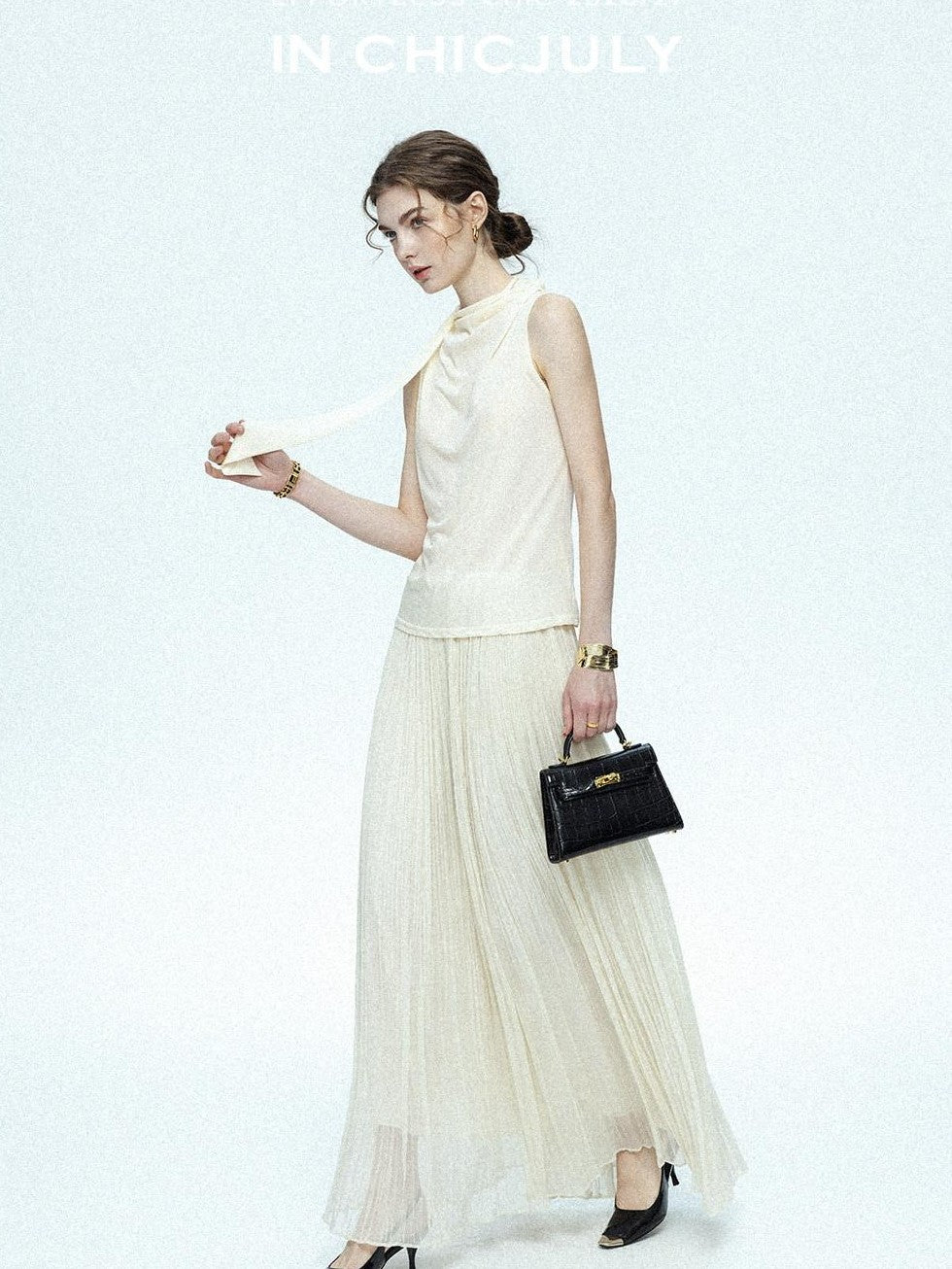 chicjuly Draped Ribbon Sleeveless Women's Acetate Mesh Top & Skirt Sets