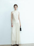chicjuly Draped Ribbon Sleeveless Women's Acetate Mesh Top & Skirt Sets