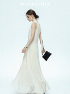 chicjuly Draped Ribbon Sleeveless Women's Acetate Mesh Top & Skirt Sets