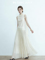 chicjuly Draped Ribbon Sleeveless Women's Acetate Mesh Top & Skirt Sets