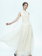 chicjuly Draped Ribbon Sleeveless Women's Acetate Mesh Top & Skirt Sets