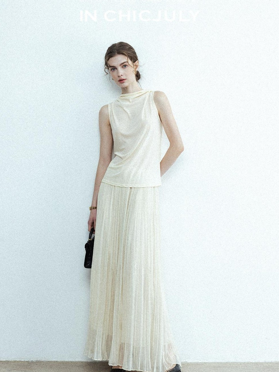 chicjuly Draped Ribbon Sleeveless Women's Acetate Mesh Top & Skirt Sets