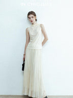 chicjuly Draped Ribbon Sleeveless Women's Acetate Mesh Top & Skirt Sets