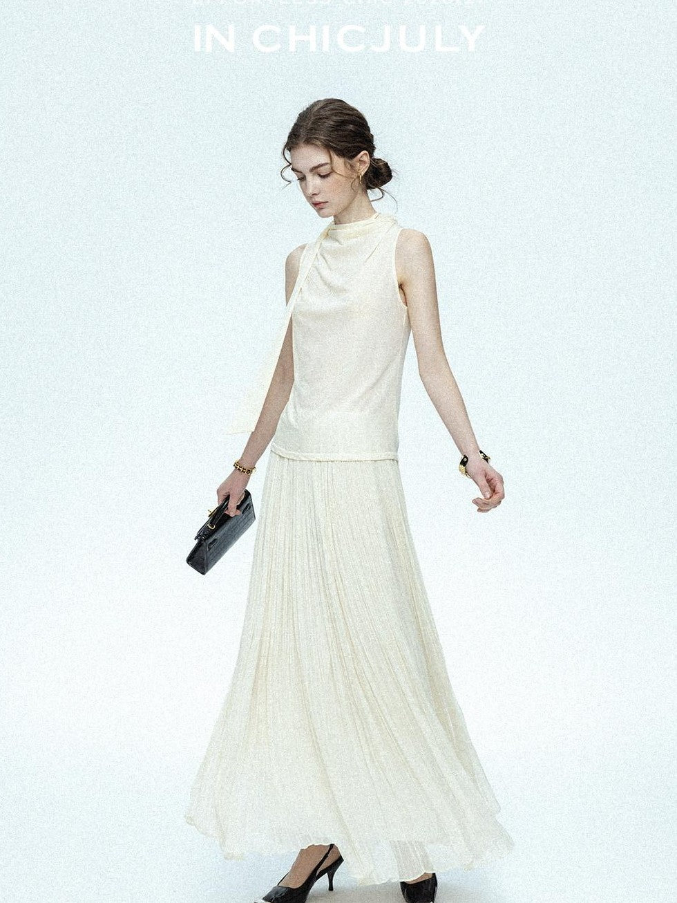chicjuly Draped Ribbon Sleeveless Women's Acetate Mesh Top & Skirt Sets