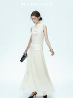 chicjuly Draped Ribbon Sleeveless Women's Acetate Mesh Top & Skirt Sets