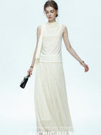 chicjuly Draped Ribbon Sleeveless Women's Acetate Mesh Top & Skirt Sets