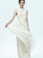 chicjuly Draped Ribbon Sleeveless Women's Acetate Mesh Top & Skirt Sets