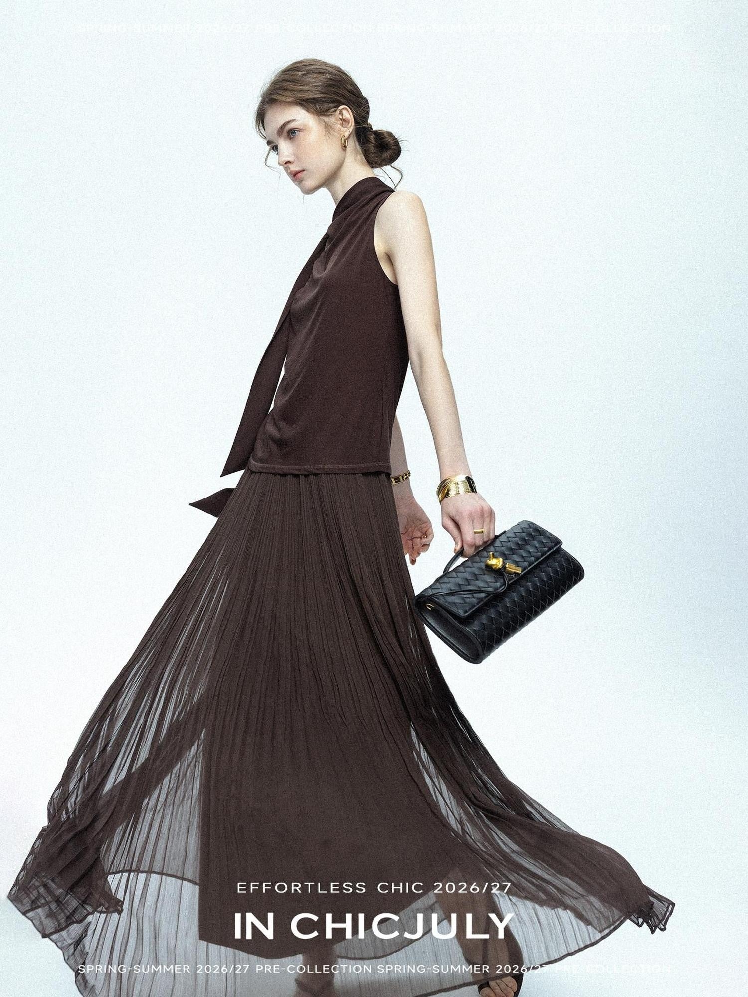 chicjuly Draped Ribbon Sleeveless Women's Acetate Mesh Top & Skirt Sets