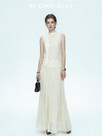 chicjuly Draped Ribbon Sleeveless Women's Acetate Mesh Top & Skirt Sets