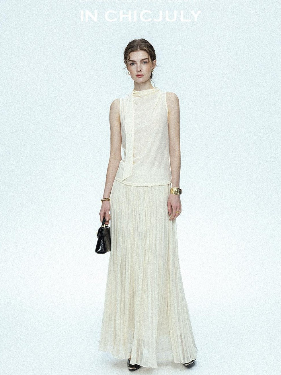 chicjuly Draped Ribbon Sleeveless Women's Acetate Mesh Top & Skirt Sets