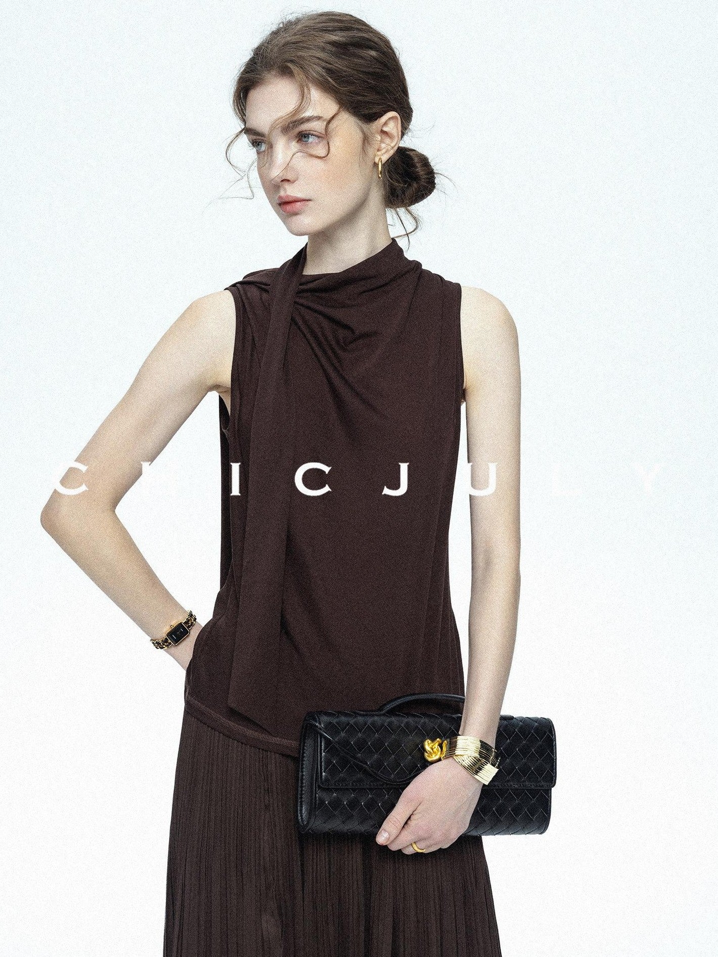 chicjuly Draped Ribbon Sleeveless Women's Acetate Mesh Top & Skirt Sets