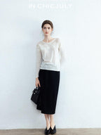 chicjuly Draped Slimming High Waist Elastic A Line Wrinkle Free Women's Wool Midi Skirts