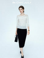 chicjuly Draped Slimming High Waist Elastic A Line Wrinkle Free Women's Wool Midi Skirts