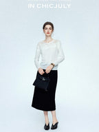 chicjuly Draped Slimming High Waist Elastic A Line Wrinkle Free Women's Wool Midi Skirts
