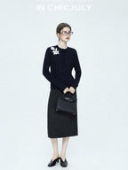 chicjuly Draped Slimming High Waist Elastic A Line Wrinkle Free Women's Wool Midi Skirts