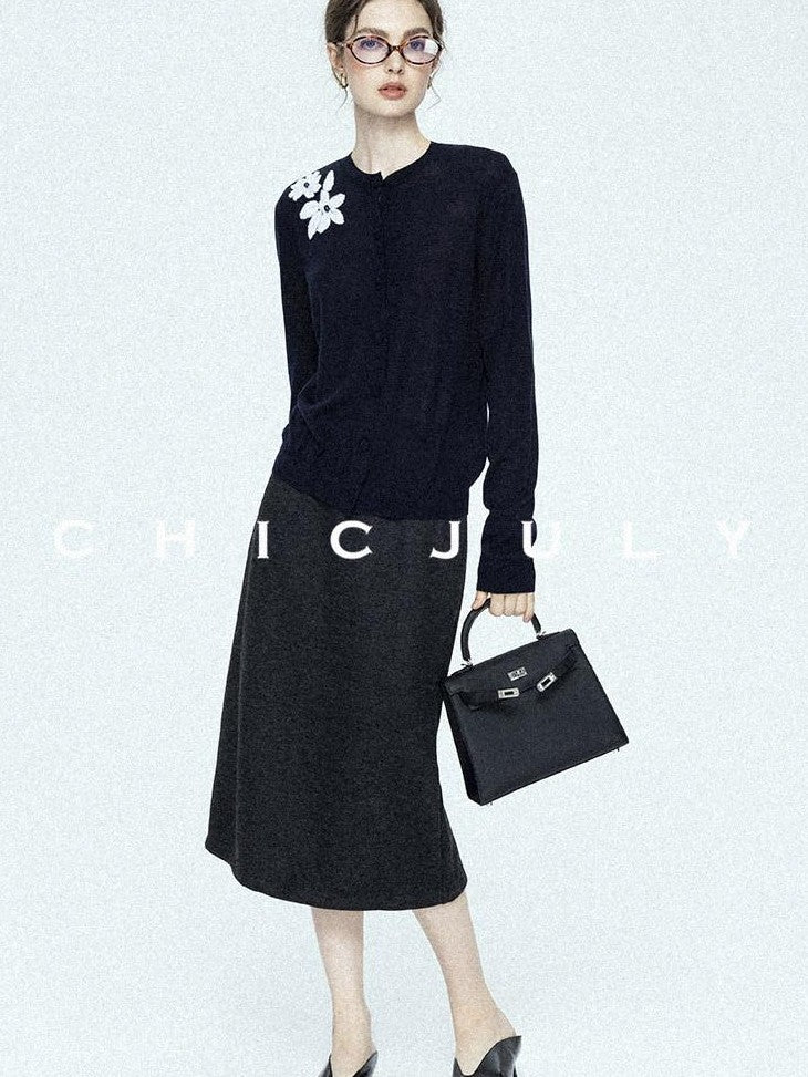 chicjuly Draped Slimming High Waist Elastic A Line Wrinkle Free Women's Wool Midi Skirts
