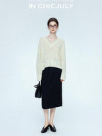 chicjuly Draped Slimming High Waist Elastic A Line Wrinkle Free Women's Wool Midi Skirts