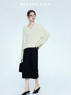 chicjuly Draped Slimming High Waist Elastic A Line Wrinkle Free Women's Wool Midi Skirts