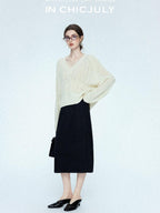 chicjuly Draped Slimming High Waist Elastic A Line Wrinkle Free Women's Wool Midi Skirts