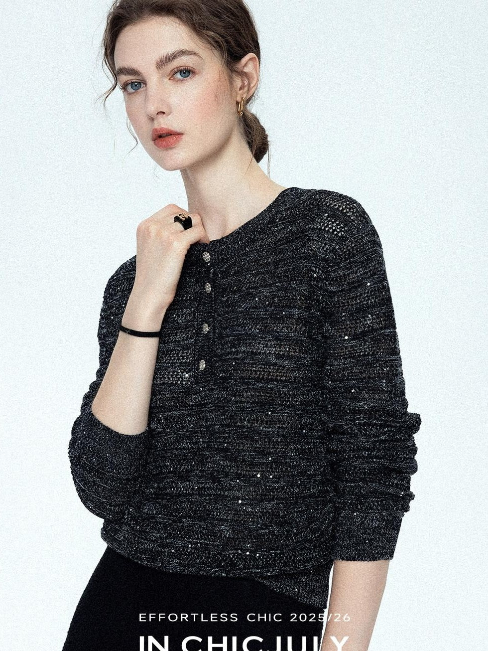 chicjuly Dreamcatcher Star Sequin Knit Women's Linen Blend Long Sleeve T-shirts