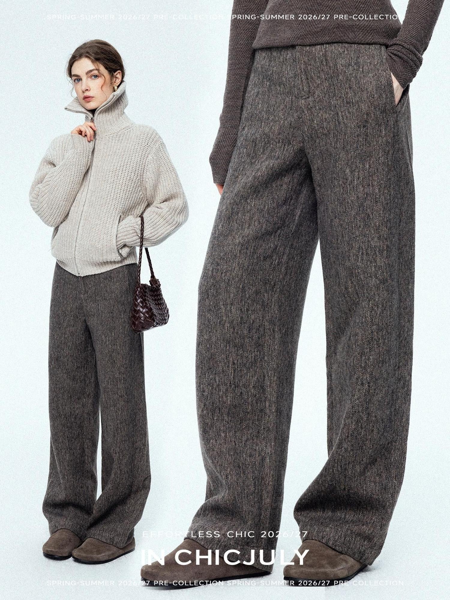 chicjuly Ebony Brown Snowflake Dot Draped Women's Wool Blend Casual Straight Pants