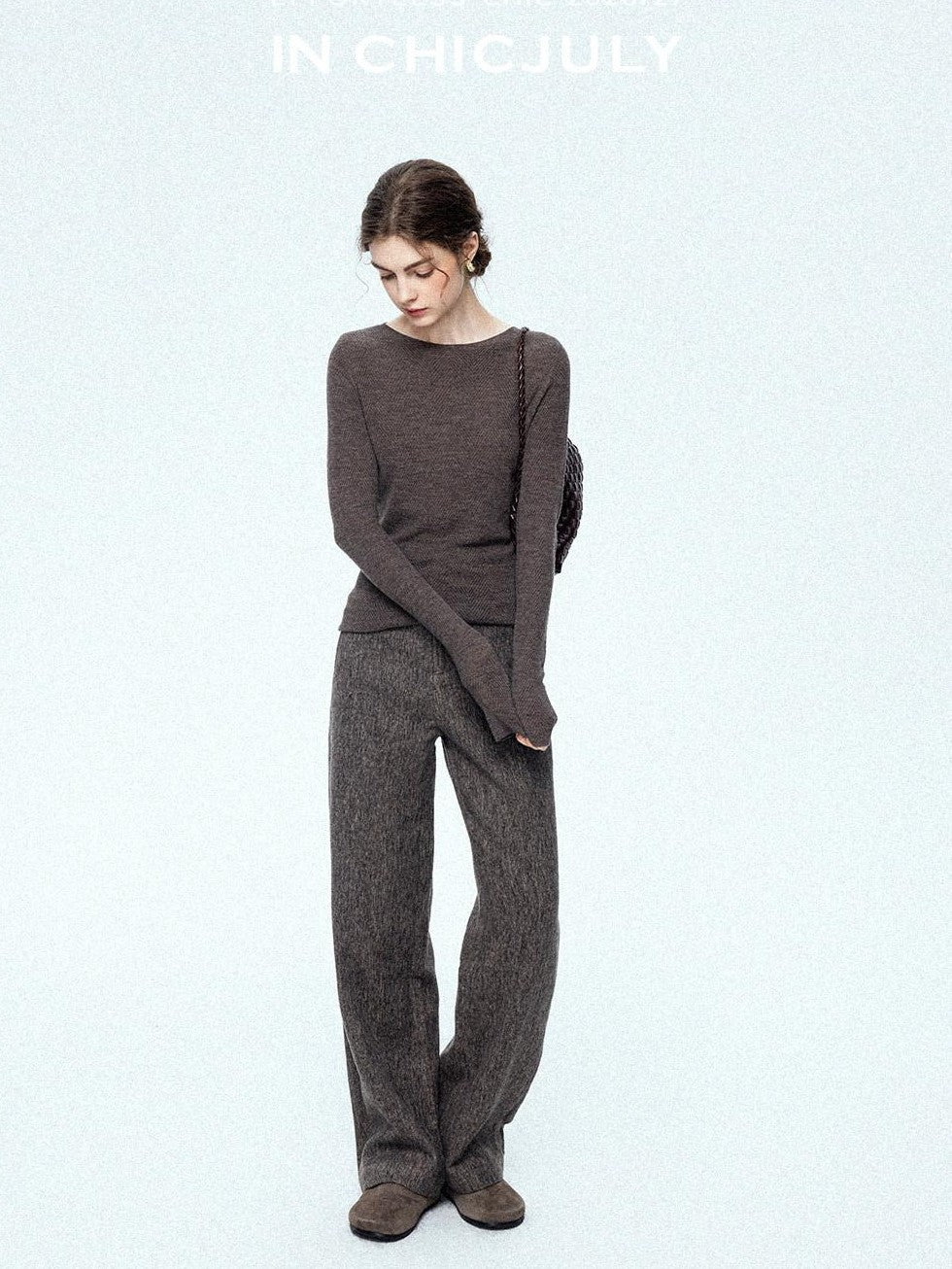 chicjuly Ebony Brown Snowflake Dot Draped Women's Wool Blend Casual Straight Pants