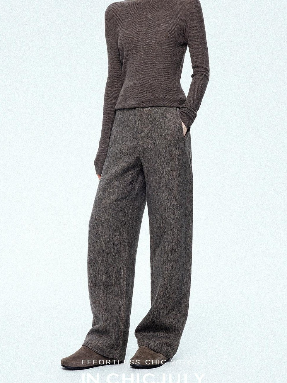 chicjuly Ebony Brown Snowflake Dot Draped Women's Wool Blend Casual Straight Pants