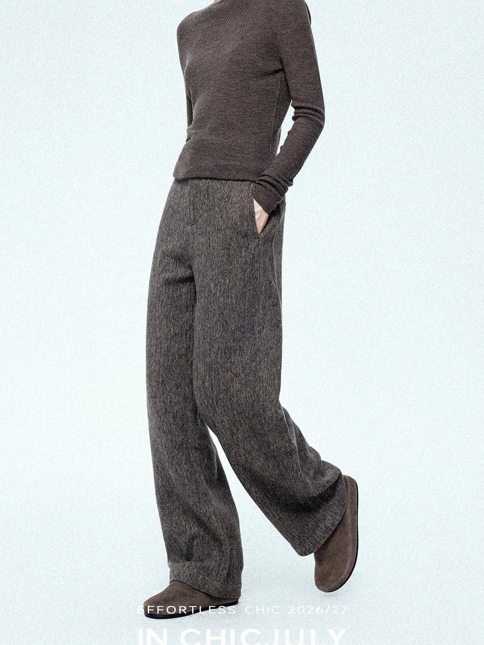 chicjuly Ebony Brown Snowflake Dot Draped Women's Wool Blend Casual Straight Pants