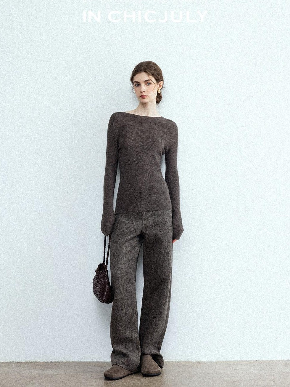 chicjuly Ebony Brown Snowflake Dot Draped Women's Wool Blend Casual Straight Pants