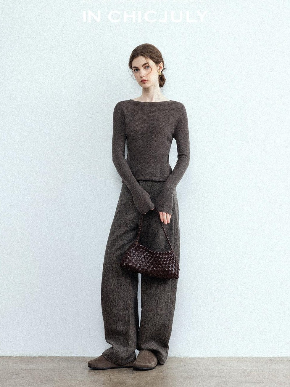 chicjuly Ebony Brown Snowflake Dot Draped Women's Wool Blend Casual Straight Pants