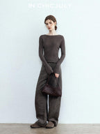 chicjuly Ebony Brown Snowflake Dot Draped Women's Wool Blend Casual Straight Pants