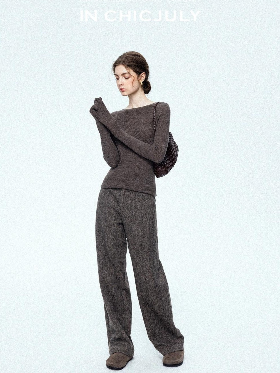 chicjuly Ebony Brown Snowflake Dot Draped Women's Wool Blend Casual Straight Pants