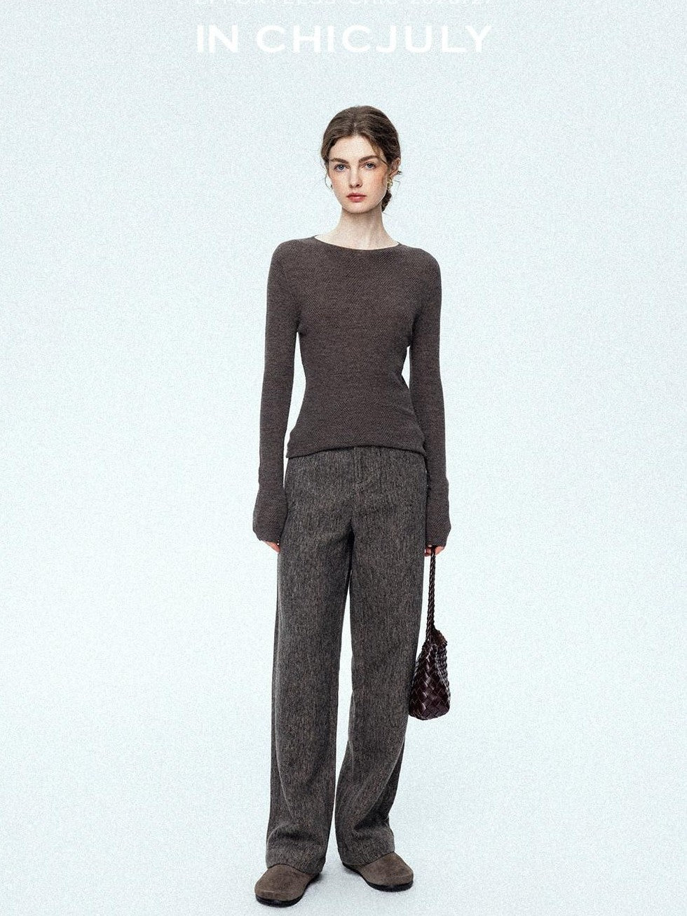 chicjuly Ebony Brown Snowflake Dot Draped Women's Wool Blend Casual Straight Pants