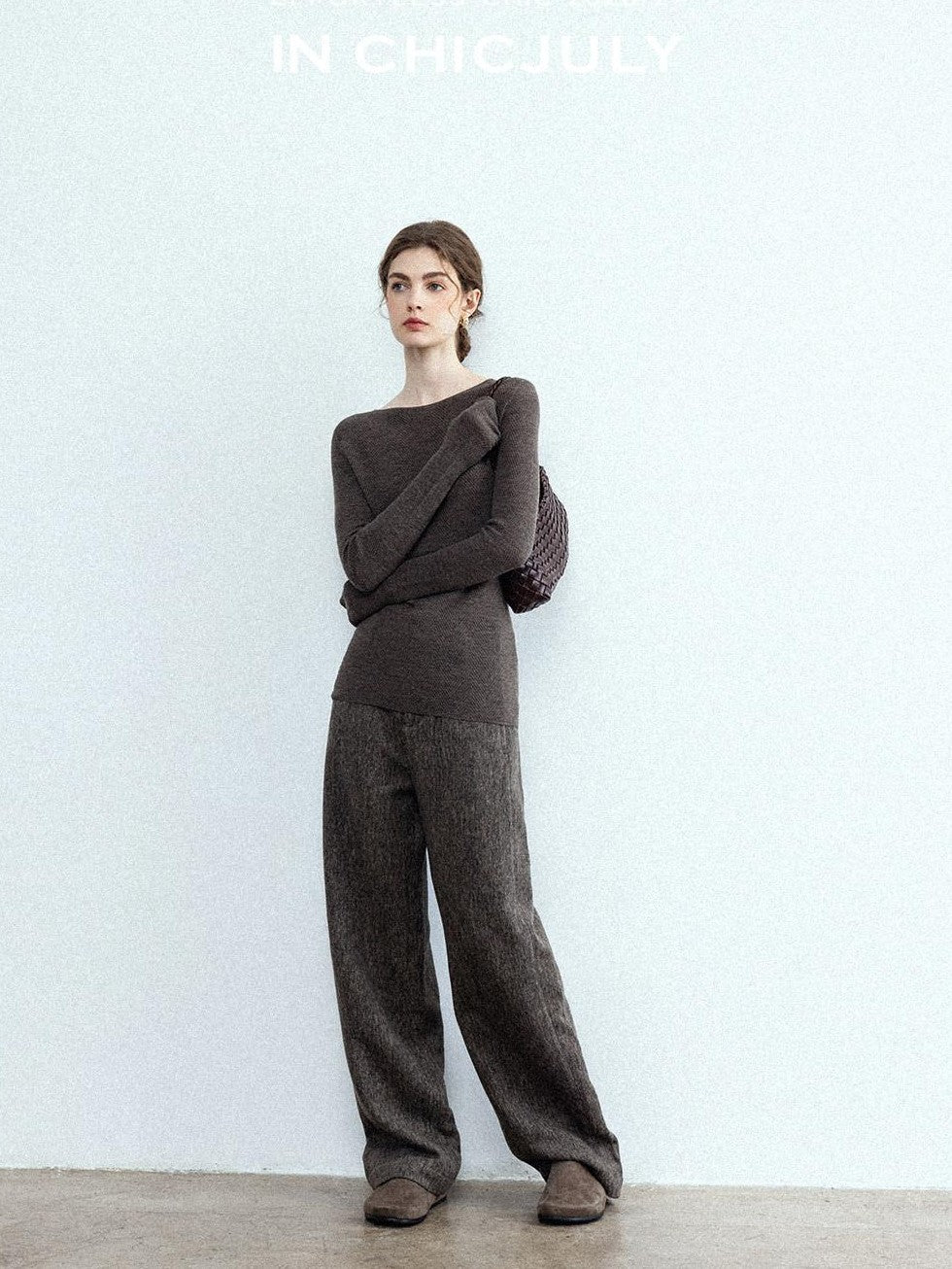 chicjuly Ebony Brown Snowflake Dot Draped Women's Wool Blend Casual Straight Pants