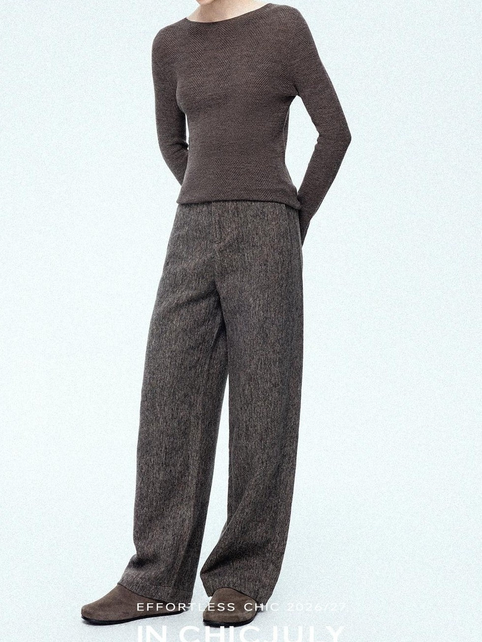 chicjuly Ebony Brown Snowflake Dot Draped Women's Wool Blend Casual Straight Pants
