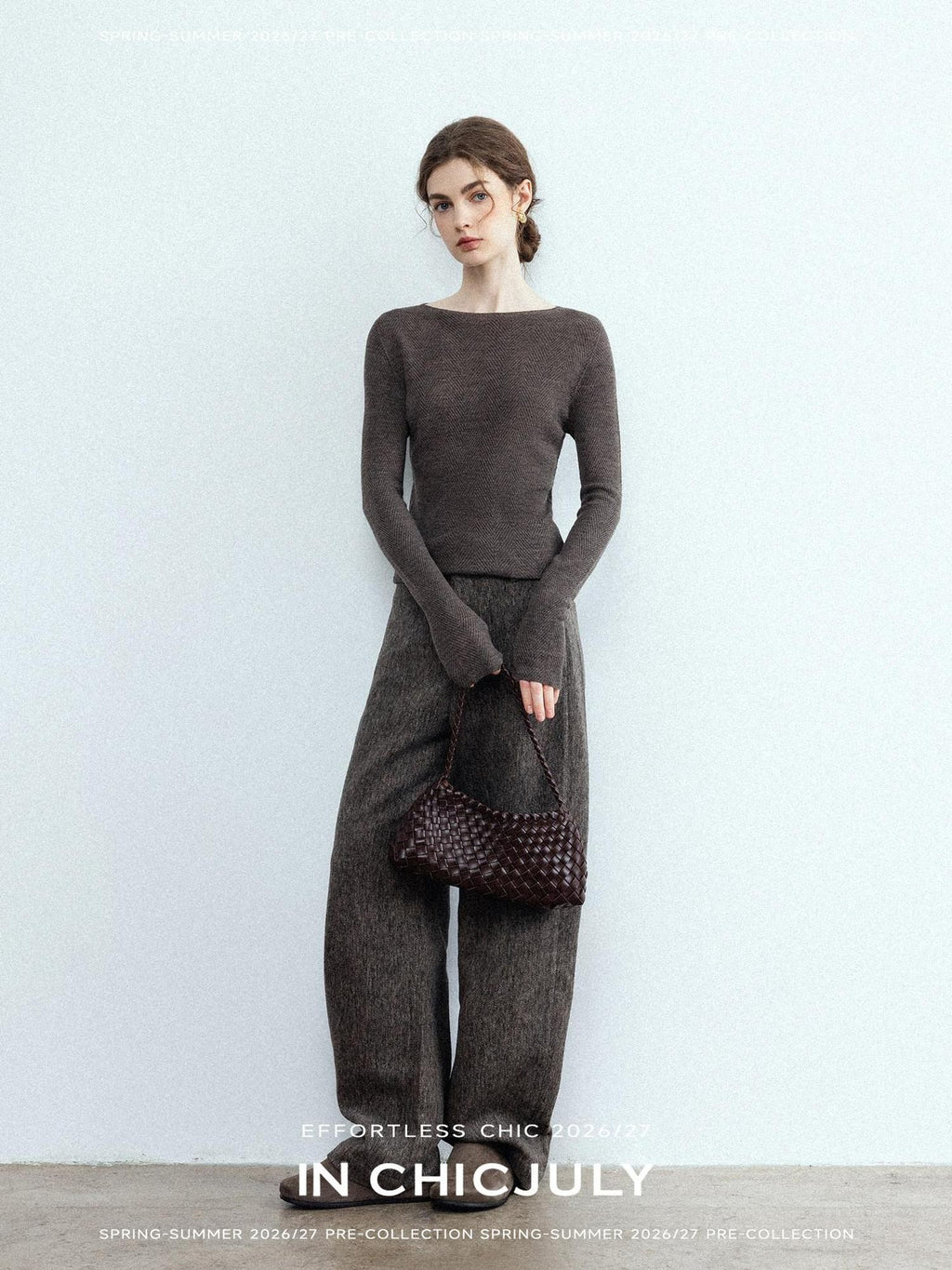 chicjuly Ebony Brown Snowflake Dot Draped Women's Wool Blend Casual Straight Pants