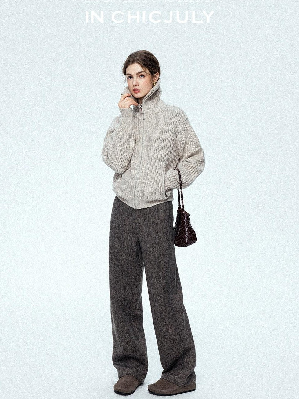 chicjuly Ebony Brown Snowflake Dot Draped Women's Wool Blend Casual Straight Pants