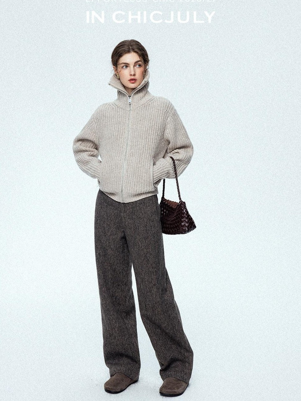 chicjuly Ebony Brown Snowflake Dot Draped Women's Wool Blend Casual Straight Pants