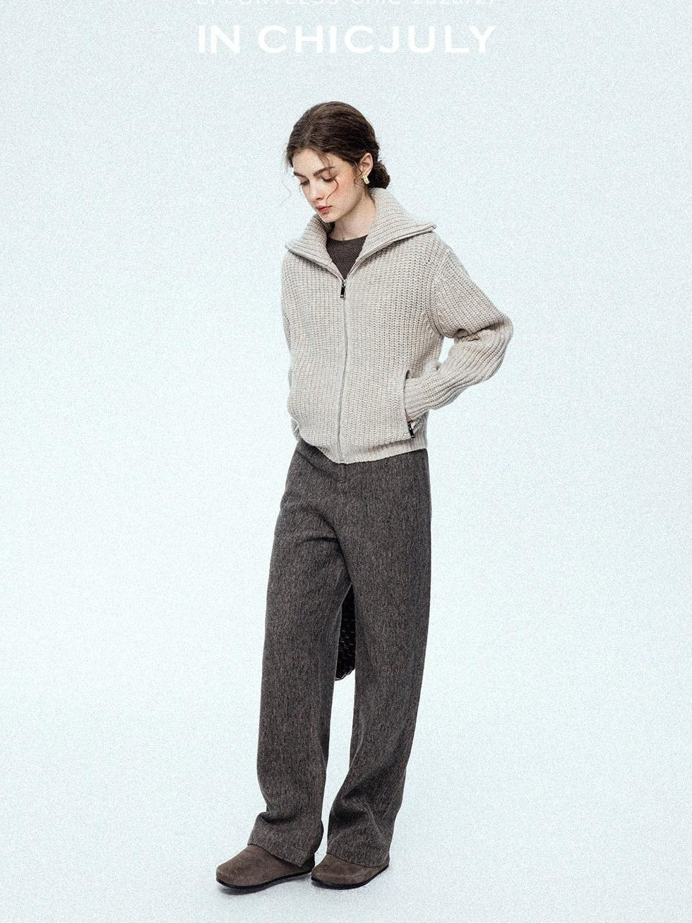 chicjuly Ebony Brown Snowflake Dot Draped Women's Wool Blend Casual Straight Pants