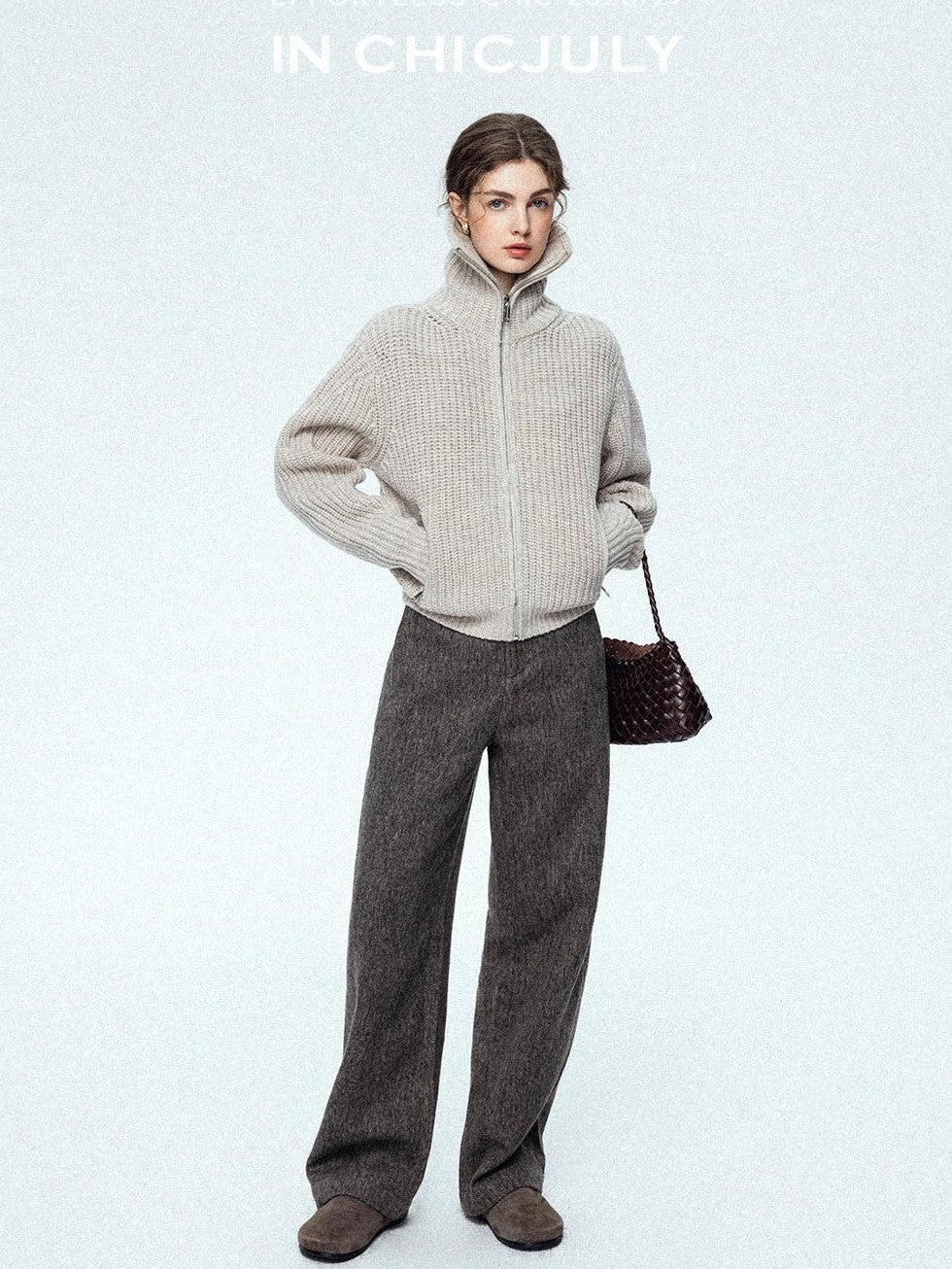chicjuly Ebony Brown Snowflake Dot Draped Women's Wool Blend Casual Straight Pants