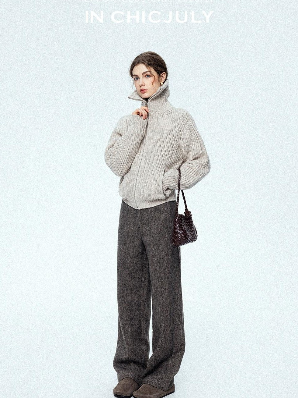 chicjuly Ebony Brown Snowflake Dot Draped Women's Wool Blend Casual Straight Pants