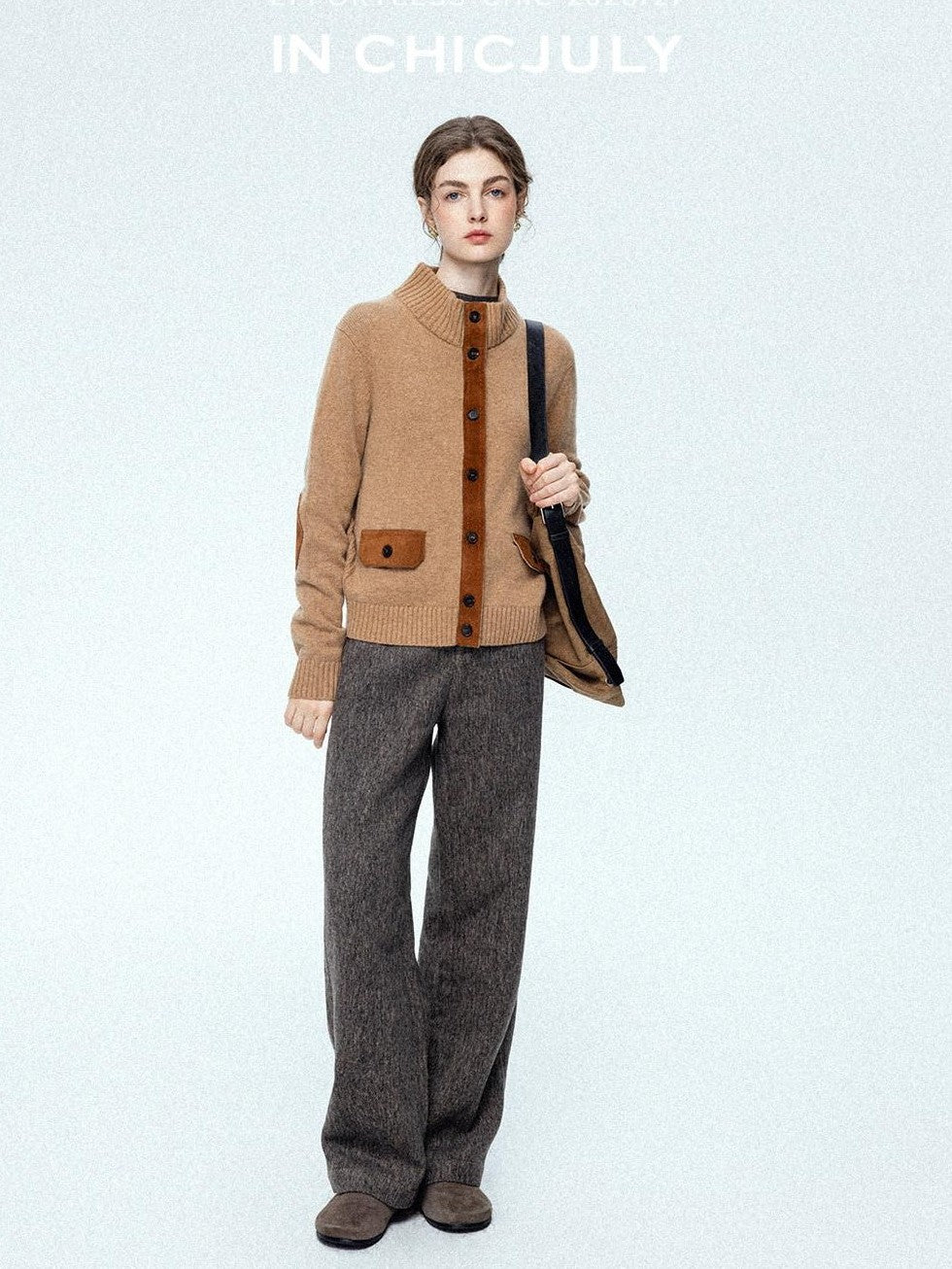 chicjuly Ebony Brown Snowflake Dot Draped Women's Wool Blend Casual Straight Pants