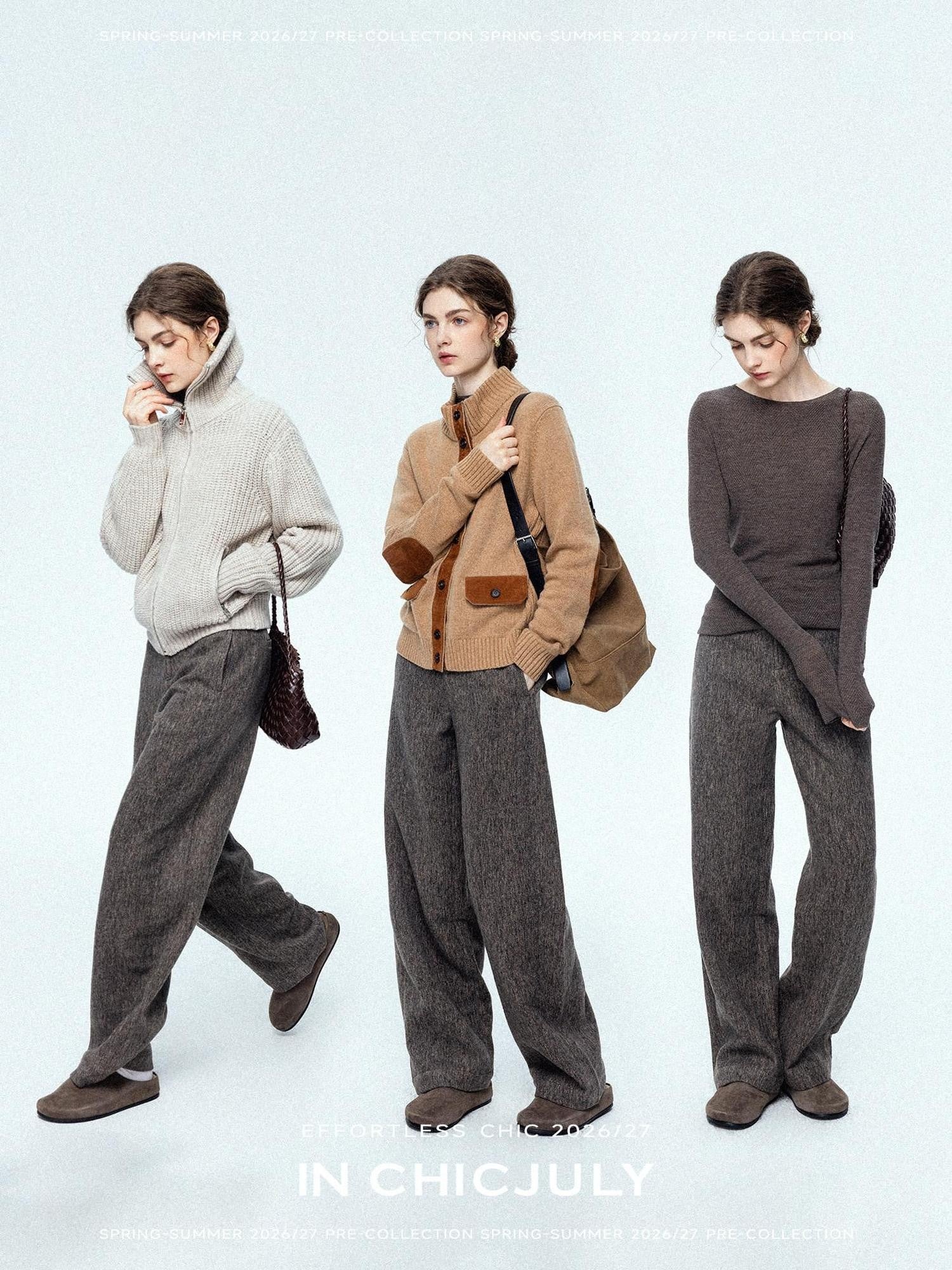 chicjuly Ebony Brown Snowflake Dot Draped Women's Wool Blend Casual Straight Pants